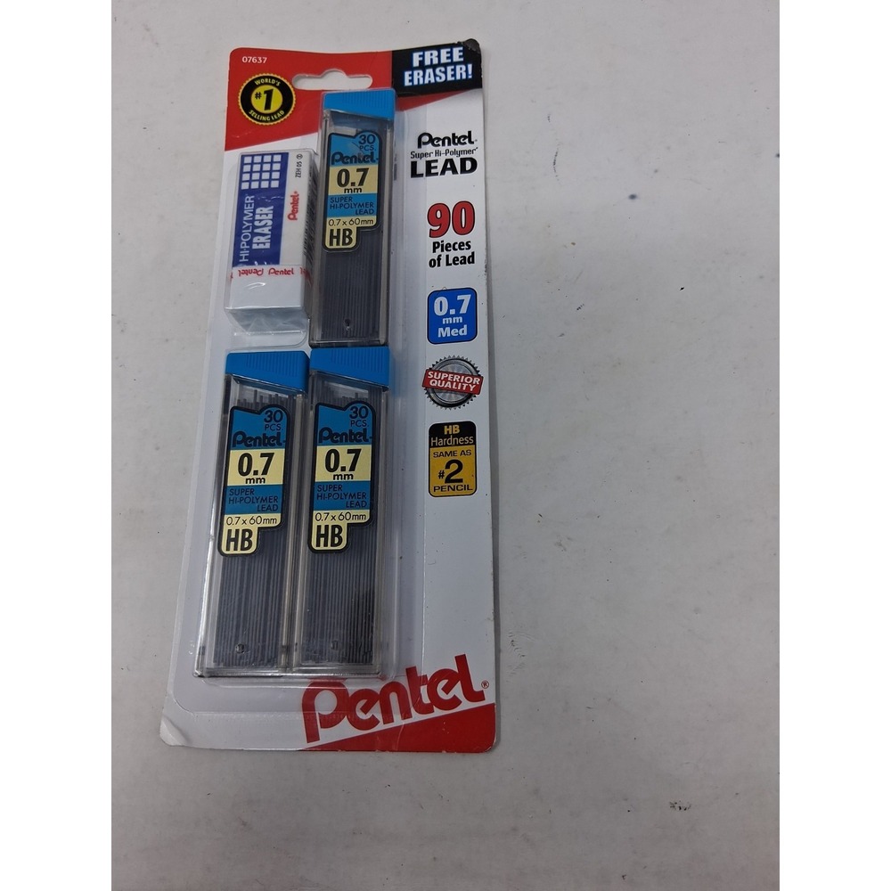 NEW Pentel 90-Pieces Super Hi-Polymer .7mm Pencil Lead Refills plus Eraser  I